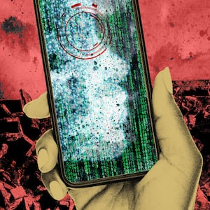 Photo illustration of a person holding a phone with ai and matrix coding on the smartphone screen with red rubble and chaos in the background.