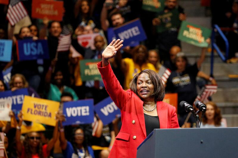 Democratic Party senatorial candidate Val Demings waves as she leaves after speaking during a campaign rally with U.S. President Joe Biden and gubernatorial candidate Charlie Crist in Miami Gardens, Florida, U.S. November 1, 2022.