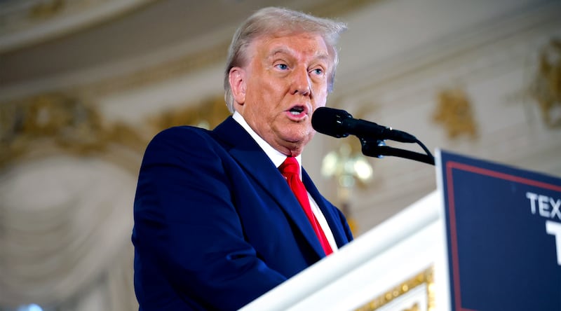 Republican presidential nominee, former President Donald Trump speaks during a press conference in the ballroom of the Mar-a-Lago Club.