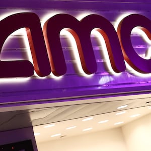 AMC logo is seen at the cinema building in Santa Monica, California, on Nov. 12, 2023.