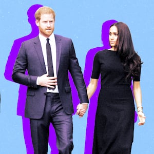 A photo illustration of Catherine, Princess of Wales, Prince William, Prince of Wales, Prince Harry, Duke of Sussex, and Meghan, Duchess of Sussex .