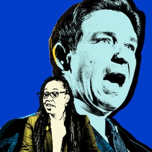 A photo illustration of Governor Ron DeSantis and Monique H. Worrell