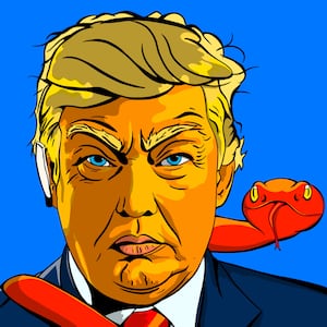 Illustration of a mean looking Donald Trump with a red snake around him