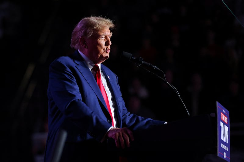 Republican presidential candidate and former U.S. President Donald Trump speaks at a rally in Durham, New Hampshire.