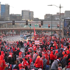 Fans line the streets of Kansas City for a Super Bowl victory parade.