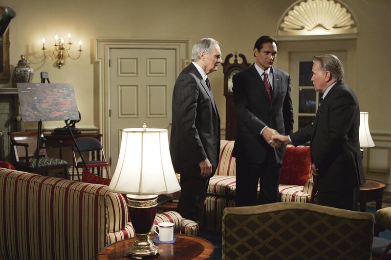 Alan Alda as Senator Arnold Vinick, Jimmy Smits as Congressman Matthew Santos, Martin Sheen as President Josiah "Jed" Bartlet on The West Wing.