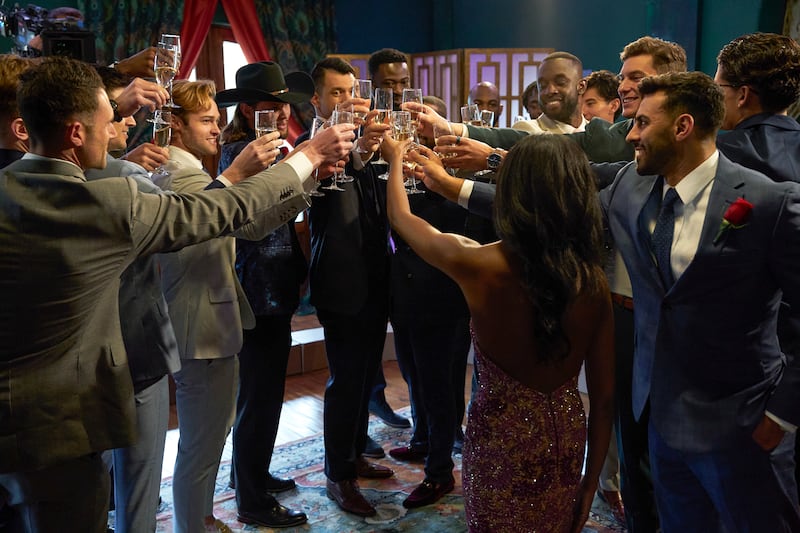 The cast of 'The Bachelorette' raise glasses and toast in season premiere.