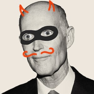 Illustration featuring Rick Scott wearing a black mask and red mustache.