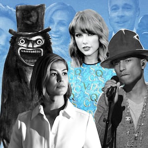 A collage of The Babadook, Taylor Swift, Gone Girl, and Pharrell Williams. 