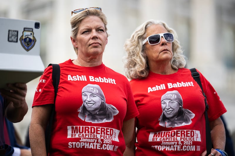 Micki Witthoeft, right, the mother of Ashli Babbitt, who was killed by Capitol Police on January 6th, and Nicole Reffitt, the wife of convicted rioter Guy Reffitt, attend a news conference with members of the House Freedom Caucus outside the U.S. Capitol.