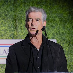 Pierce Brosnan speaks onstage at the 18th Annual Oscar Wilde Awards held at Bad Robot on March 7, 2024 in Santa Monica, California.