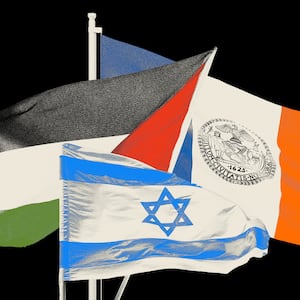 Photo illustration of the flags of Palestine, Israel, and New York City.