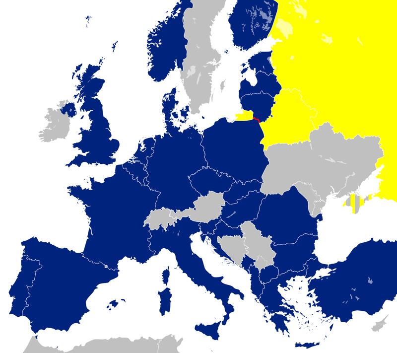 A map of Europe with the Suwałki Gap, the 60-mile border of Poland and Lithuania, highlighted in red.