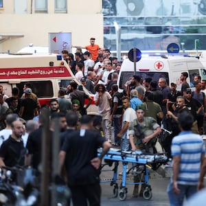 Ambulances arrive to American University of Beirut Medical Center (AUBMC) as thousands of people, including Hezbollah fighters and medics, were wounded when the pagers exploded across Lebanon