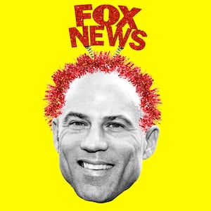 Photo illustration of Michael Avenatti wearing a glittery Fox News headband with tinsel on his head.