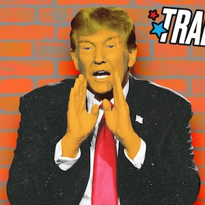 Donald Trump shouting in front of a brick wall