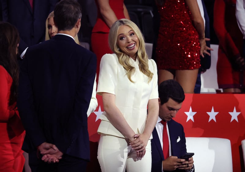 Tiffany Trump reacts as Republican presidential nominee and former U.S. President Donald Trump speaks on Day 4 of the Republican National Convention (RNC), at the Fiserv Forum in Milwaukee, Wisconsin, U.S., July 18, 2024. 