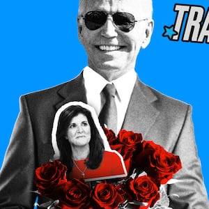 Photo illustration of Joe Biden holding a bouquet of roses with Nikki Haley sticking out