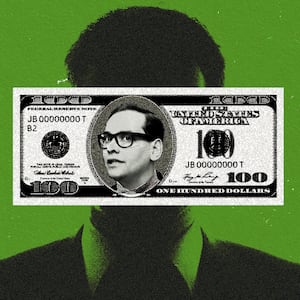 A photo illustration of a silhouette of a man behind a hundred dollar bill with George Santos' face on it