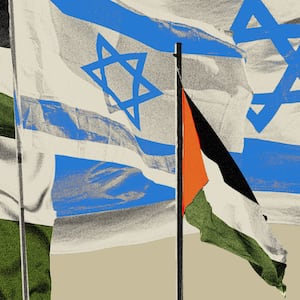 Photo illustration of three Israeli flags and three Palestinian flags