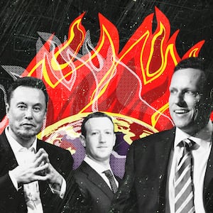 A photo illustration of Elon Musk, Mark Zuckerberg, Peter Thiel and a burning planet Earth.