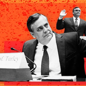 A photo illustration showing Jonathan Turley testifying during the impeachment inquiry by the House Oversight and Accountability Committee.