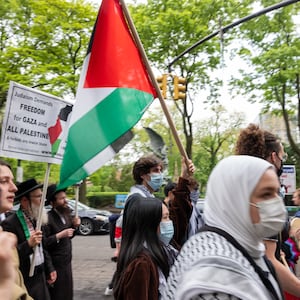 Pro-Palestinian protesters walk from Columbia University down to Hunter College as protests at area universities and colleges continue on May 06, 2024 in New York City.