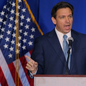 Florida Governor Ron DeSantis speaks at the 2023 NHGOP Amos Tuck Dinner in Manchester, New Hampshire, U.S., April 14, 2023.    