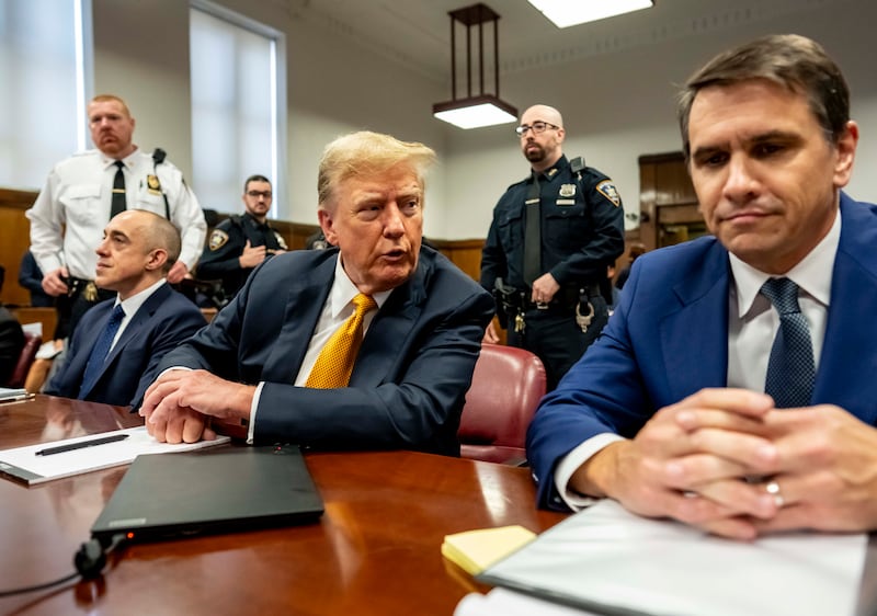 A photo of Todd Blanche in Manhattan Criminal Court with Donald Trump during the former president’s criminal hush money trial. 