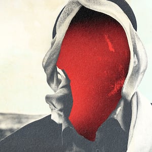 A photo illustration of a Palestinian man in black and white with a red and black shroud  across his face.