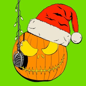 Illustration of a Jack o Lantern with a Santa hat and a microphone hanging down with Christmas lights on it