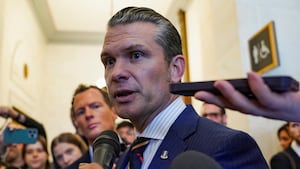 Pete Hegseth speaks with media.