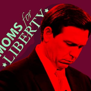 A photo illustration of Ron DeSantis and the logo of Moms For Liberty.