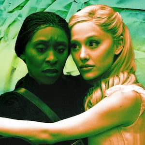 A photo illustration of Cynthia Erivo and Ariana Grande in Wicked.