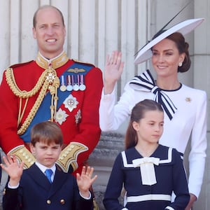 Prince George of Wales, Prince William, Prince of Wales, Prince Louis of Wales, Princess Charlotte of Wales and Catherine, Princess of Wales during Trooping the Colour at Buckingham Palace on June 15, 2024 in London, England.