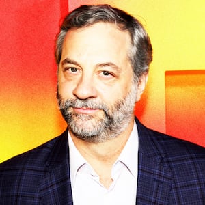 Photo illustration of Judd Apatow on a yellow and red background