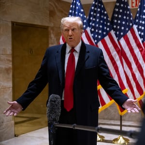 Former President Donald Trump speaks at a press conference after leaving the second day of his defamation trial involving E. Jean Carroll.