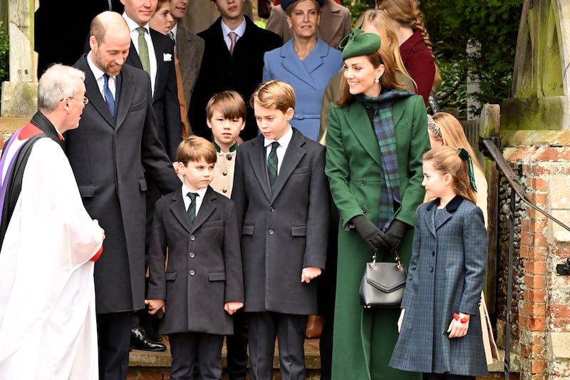 SANDRINGHAM, NORFOLK - DECEMBER 25: Princess Catherine, Princess of Wales,Queen Camilla Prince William, Prince of Wales,King Charles III and Prince George of Wales attends the 2024 Christmas Morning Service at St Mary Magdalene Church on December 25, 2024 in Sandringham, Norfolk.