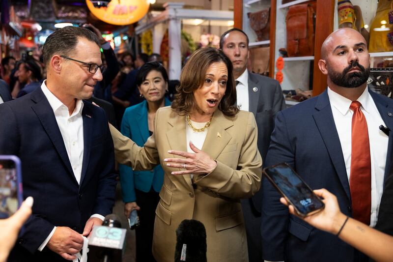 Vice President Kamala Harris and Pennsylvania Governor Josh Shapiro speak to the press 