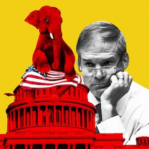 An illustration including a photo of Jim Jordan, U.S. Capitol Hill Building, and GOP iconography 