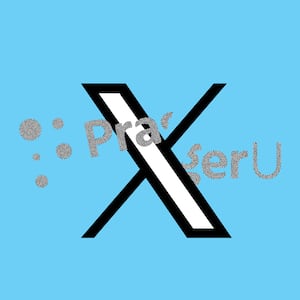 The X logo in between a broken PragerU logo on a blue background