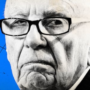 An extreme closeup of Rupert Murdoch in black and white on a blue background