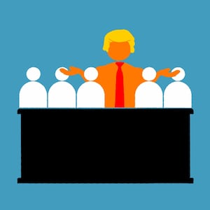 Illustration of a jury in a jury box with one member orange with a red tie and Donald Trump hair