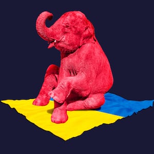 A photo illustration of a red elephant sitting on the Ukraine flag.