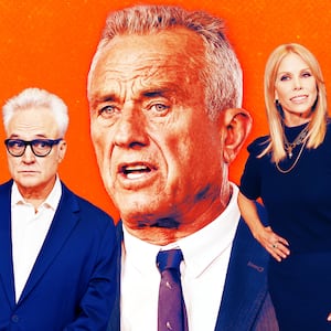 A photo illustration of Bradley Whitford, RFK Jr., and Cheryl Hines.