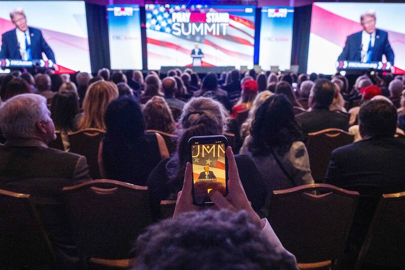 Former President and Republican Presidential candidate Donald Trump speaks during the Pray Vote Stand summit.