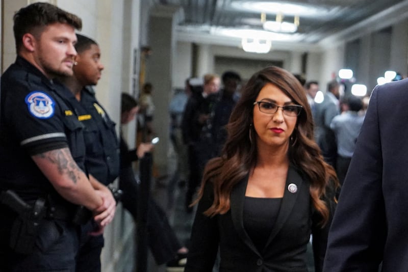 Rep. Lauren Boebert (R-CO) departs during a break in a House Republican Conference meeting on Capitol Hill.