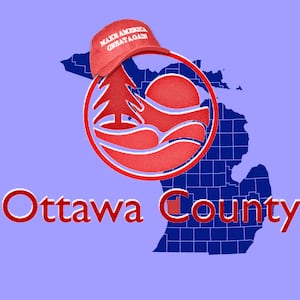 A photo illustration of Ottawa County seal, a map of Michigan and a MAGA hat. 