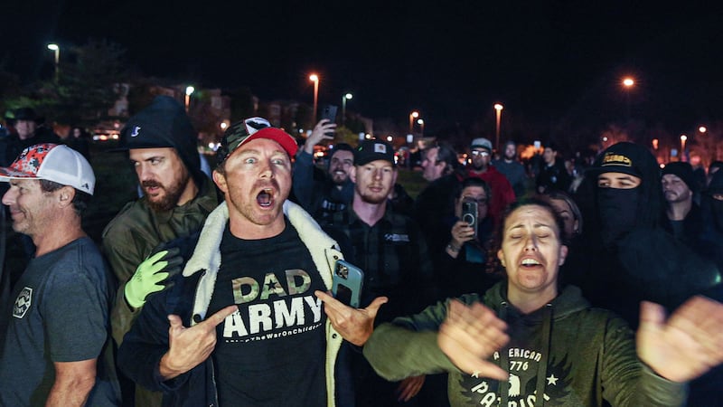 Bryce Henson (in the "Dad Army" t-shirt) at an Anti-Trans Rally over the issue of a trans person using the locker room at a local YMCA.