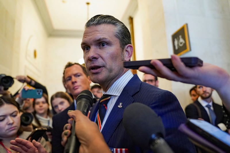 Pete Hegseth speaks with the media as he departs a meeting on Capitol Hill in Washington D.C. on November 21, 2024.